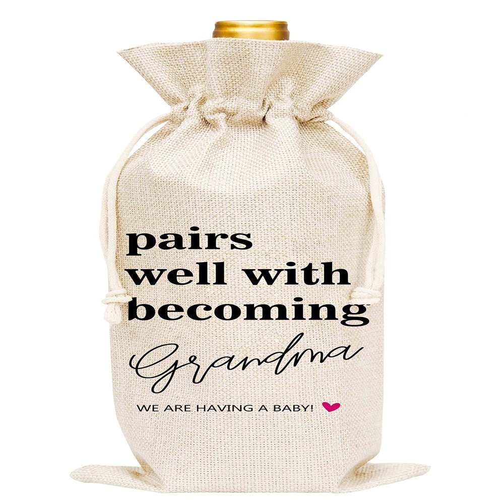 Pregnancy Announcement Wine Bag - Burlap Wine Bottle Cover Gift Bag for Grandma, Grandmother, Nonna, Gigi, Mimi - 1 Pc Wine Bag(C21)