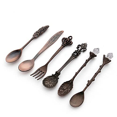6pcs Vintage Spoons Fork Mini Royal Style Metal Gold Carved Coffee Snacks Fruit Prikkers Dessert Fork Kitchen Tool Teaspoon 1set (RedBronze)