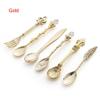 6pcs Vintage Spoons Fork Mini Royal Style Metal Gold Carved Coffee Snacks Fruit Prikkers Dessert Fork Kitchen Tool Teaspoon 1set (Gold) view 2