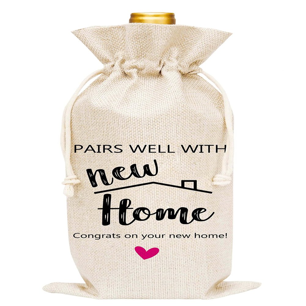 Huastatewolf Housewarming Wine Gifts Bags, Burlap Wine Bottle Cover Bag For New Home Hostess Gifts, Realtor Gifts to Clients, C09