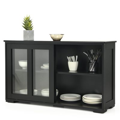 LOKO Stackable Buffet Cabinet, Kitchen Storage Cabinet with Sliding Tempered Glass Doors, Small Sideboard for Kitchen, Dining Room or Living Room, 42 x 13 x 24.5 inches (Black)
