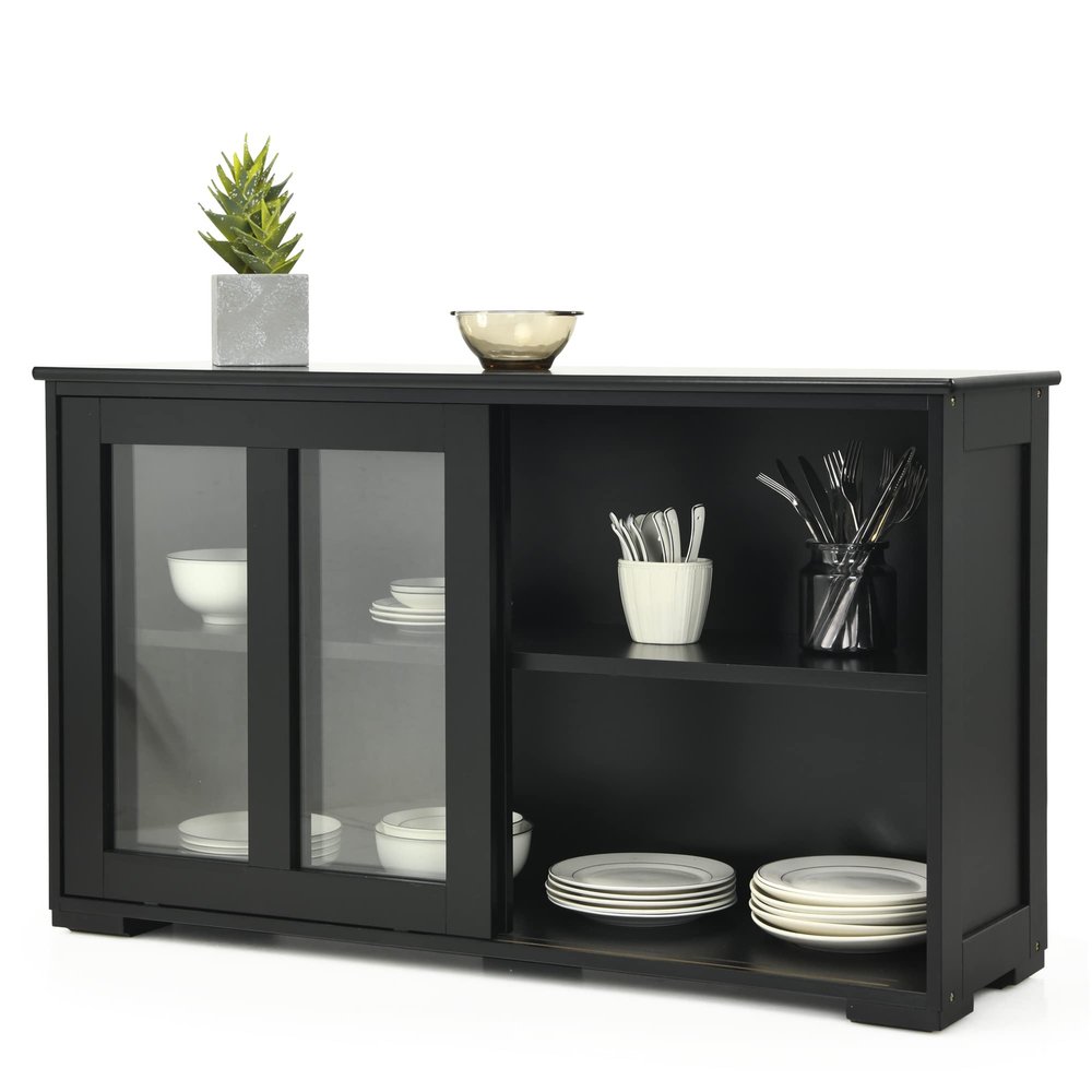 LOKO Stackable Buffet Cabinet, Kitchen Storage Cabinet with Sliding Tempered Glass Doors, Small Sideboard for Kitchen, Dining Room or Living Room, 42 x 13 x 24.5 inches (Black)