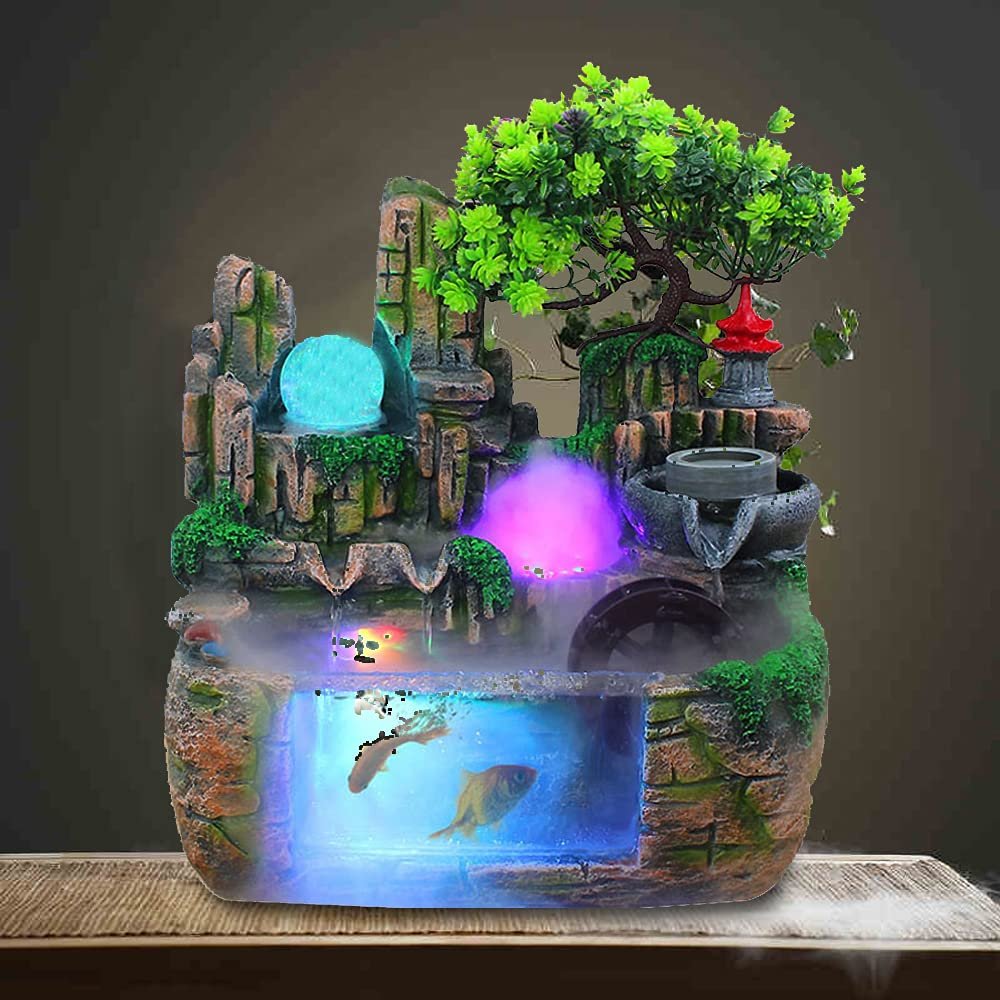 Desktop Fountain Waterfall, Desktop Simulation Rockery Water Fountain Bonsai Home Decor with Atomizer Indoor Relaxation Tabletop Fountain Suitable for Living Room, Bedroom, Office Decoration (A)