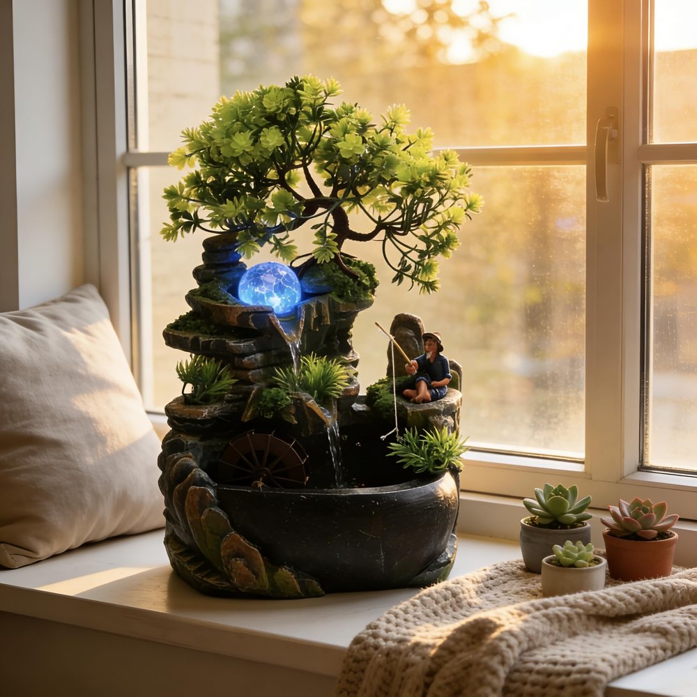 11.81in Tabletop Waterfall Bonsai Desktop Rockery Fountain Indoor Mini Rockery Water Fountain with Automatic Pump and LED Light, Home Office Bedroom Humidifier Desk DecoraterNo Atomizer