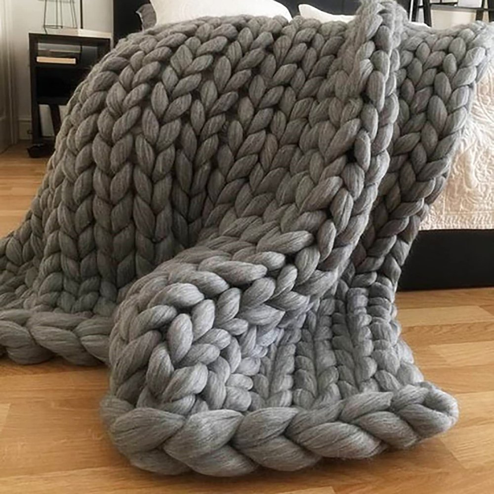 XWCG Chunky Knit Blanket Soft Throw Blanket Cozy and Warm Knit Blanket Wool Blend Throw Sofa Chair Home Decor Chunky Knit Blanket Handmade Throw Blankets,Gray,6080cm