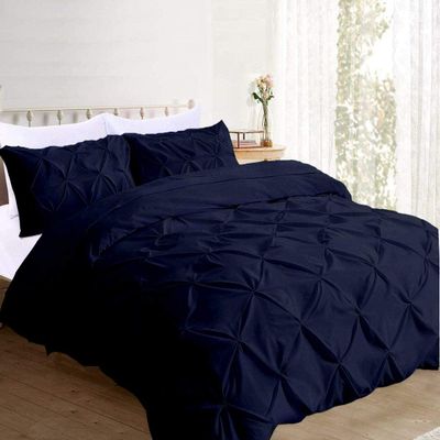 Astroo Linen Designer Pinch Pleated 3 Piece Duvet Cover Set with Zipper and Corner Ties 100% Pure Cotton 800 Thread Count Comforter/Quilt Cover (Twin/Twin XL Size, Navy Blue)