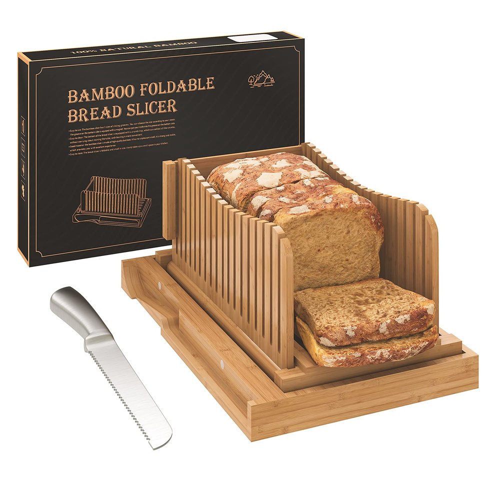 Bamboo Bread Slicer with Serrated Knife, Adjustable Guide for 3 Thickness Sizes, Foldable Chopping Board with Crumb Tray, Great for Homemade Bread, Cakes, Bagels