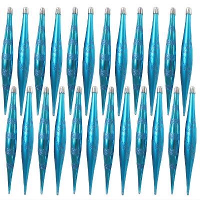 24 Pack Aqua Finial Ornament with Snowflake and Line Glitter Design