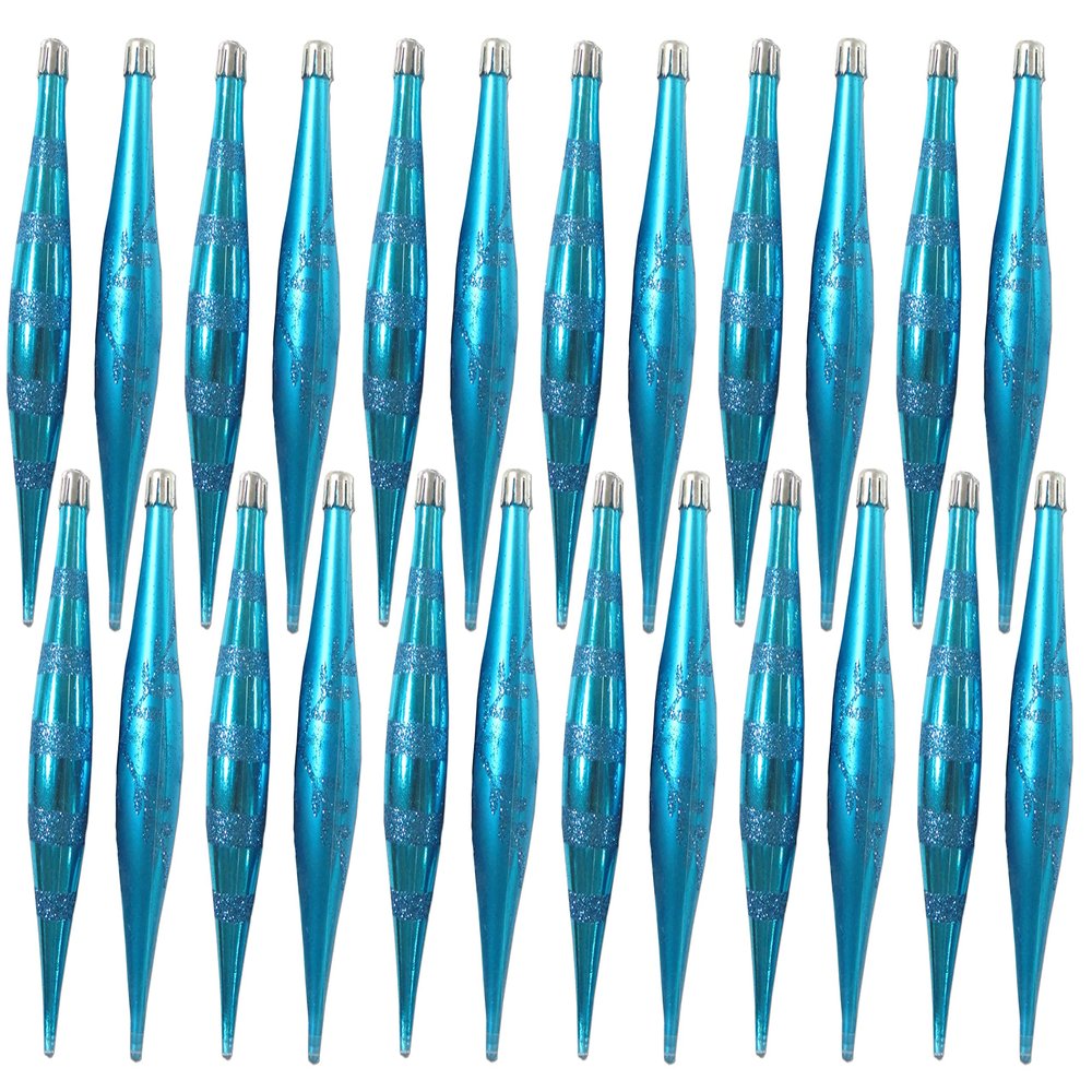 24 Pack Aqua Finial Ornament with Snowflake and Line Glitter Design