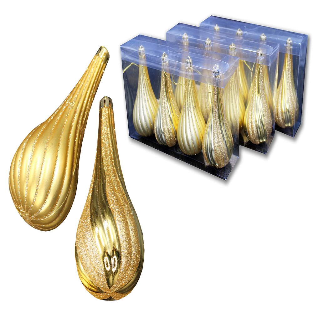 12 Pack of Gold Teardrop Ornaments with Glitter Enhancements