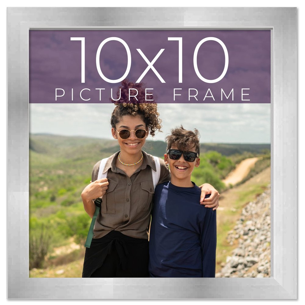 10x10 Frame Silver Real Wood Picture Frame Width 0.75 Inches | Interior Frame Depth 0.5 Inches | Stainless Silver Modern Photo Frame Complete with UV Acrylic, Foam Board Backing & Hanging Hardware