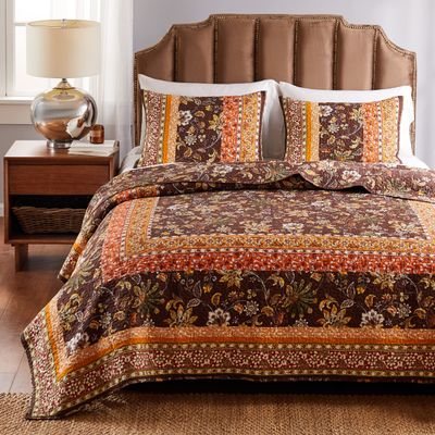 Greenland Home Barefoot Bungalow Audrey Reversible Quilt Set, 3-Piece Full/Queen, Chocolate