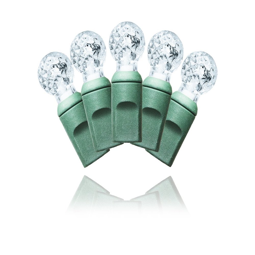 70 Count Standard Grade G12 Faceted Cool White LED Light Set with in-Line Rectifier 4" Spacing on Green Wire