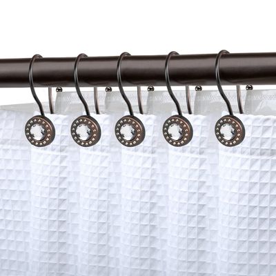Shower Hooks - Double Shower Curtain Rings for Bathroom - Rust Resistant Shower Curtain Hooks for Shower Curtain or Liner - Shower Curtain Rings with Crystal Design - Set of 12, Oil Rubbed Bronze