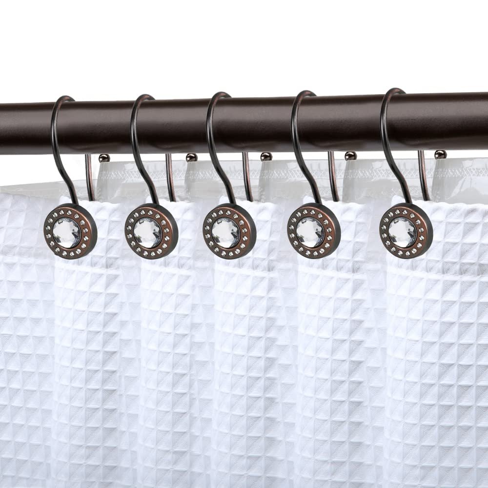 Shower Hooks - Double Shower Curtain Rings for Bathroom - Rust Resistant Shower Curtain Hooks for Shower Curtain or Liner - Shower Curtain Rings with Crystal Design - Set of 12, Oil Rubbed Bronze