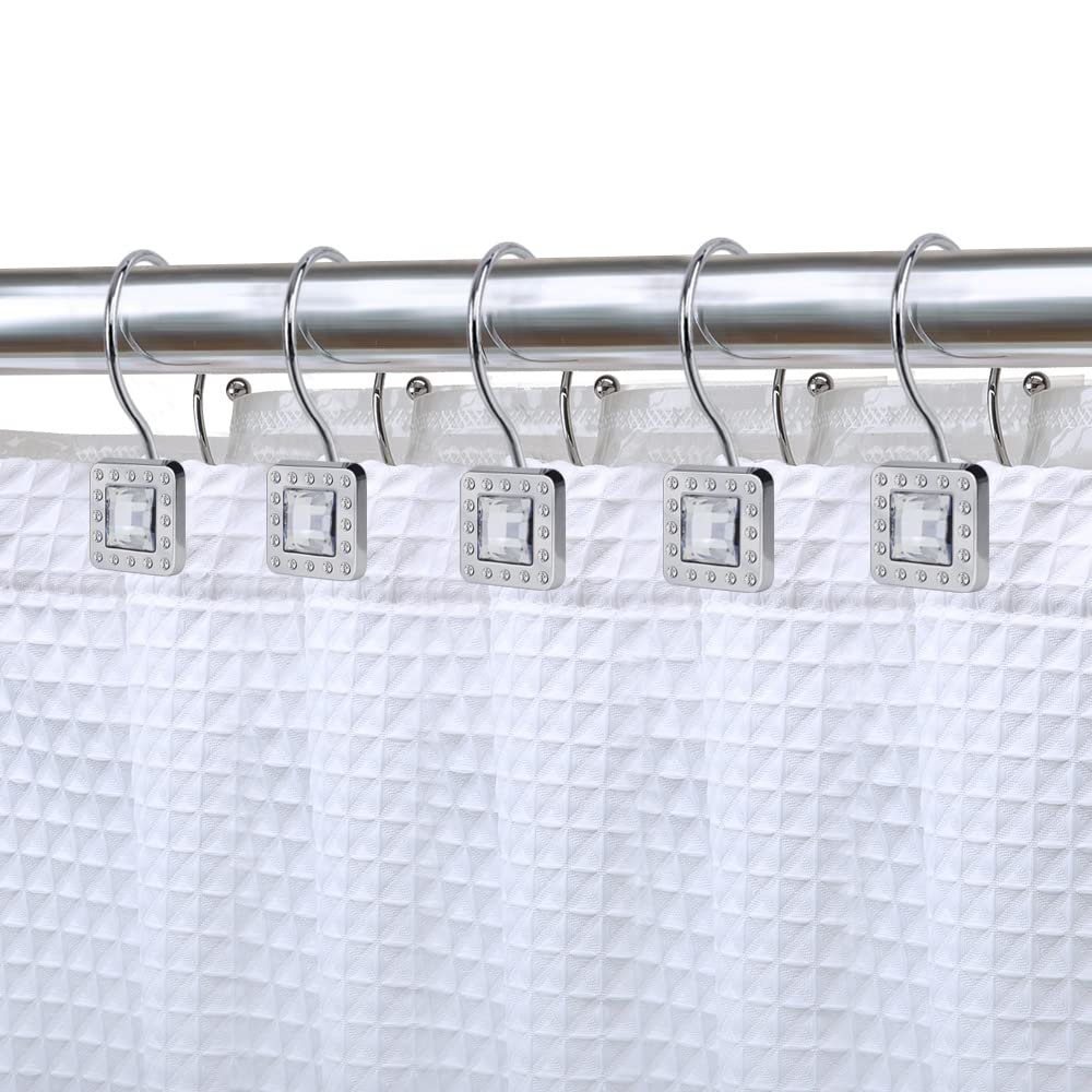 Utopia Alley Shower Rings, Double Shower Curtain Hooks for Bathroom, Rust Resistant Shower Curtain Hooks Rings, Crystal Design, Set of 12 (Chrome)