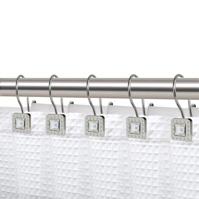 Shower Hooks - Double Shower Curtain Rings for Bathroom - Rust Resistant Shower Curtain Hooks for Shower Curtain or Liner - Shower Curtain Rings with Crystal Design - Set of 12, Brushed Nickel