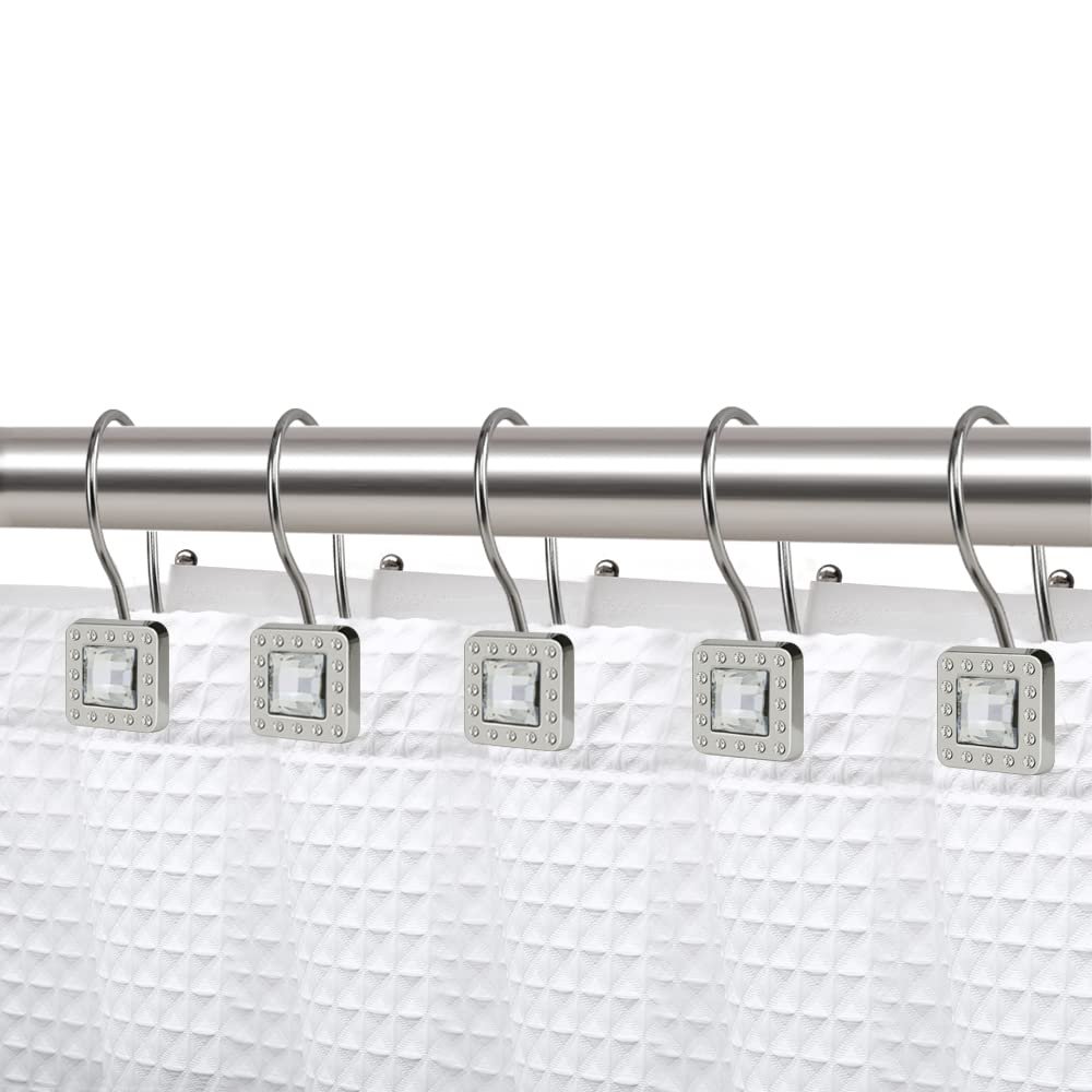 Shower Hooks - Double Shower Curtain Rings for Bathroom - Rust Resistant Shower Curtain Hooks for Shower Curtain or Liner - Shower Curtain Rings with Crystal Design - Set of 12, Brushed Nickel
