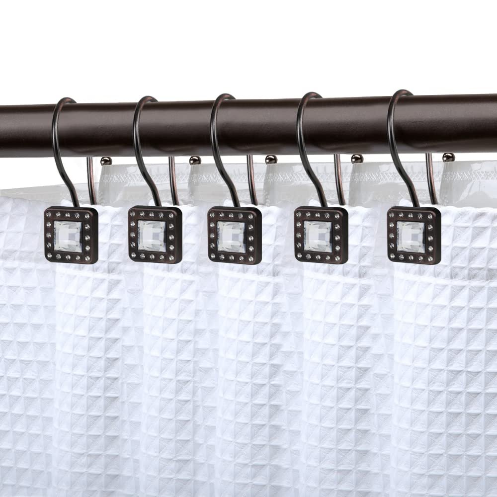 Utopia Alley Shower Rings, Double Shower Curtain Hooks for Bathroom, Rust Resistant Shower Curtain Hooks Rings, Crystal Design, Set of 12 (Oil Rubbed Bronze)