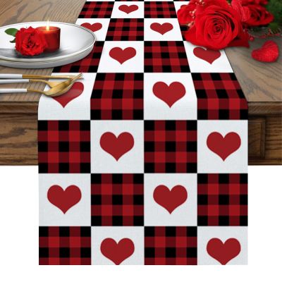 Valentines Day Burlap-Cotton Table Runner 70 Inches Long, Love Hearts Red Black Buffalo Plaid Farmhouse Table Runners, Outdoor Dining Red White Tablerunner Holiday Spring Tablecloths Decor for Wedding