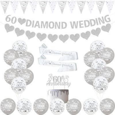 60th Wedding Anniversary Decorations - Silver Diamond Balloons, Banner, Heart Rings, Cake Topper, Satin Sash for Couple's Party Supplies