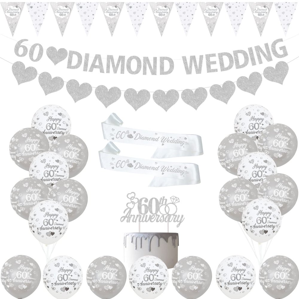 60th Wedding Anniversary Decorations - Silver Diamond Balloons, Banner, Heart Rings, Cake Topper, Satin Sash for Couple's Party Supplies