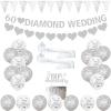 60th Wedding Anniversary Decorations - Silver Diamond Balloons, Banner, Heart Rings, Cake Topper, Satin Sash for Couple's Party Supplies view 1