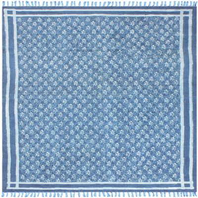 Bohemian 100% Cotton Indigo Blue Dabu Printed Rug Reversible Machine Washable Rugs with Tassels Farmhouse Cotton Woven Washable Accent Throw Rug for Entryway 120x120 cm (4x4 Feet Square)