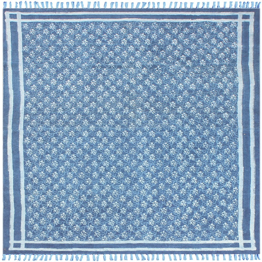 Bohemian 100% Cotton Indigo Blue Dabu Printed Rug Reversible Machine Washable Rugs with Tassels Farmhouse Cotton Woven Washable Accent Throw Rug for Entryway 120x120 cm (4x4 Feet Square)