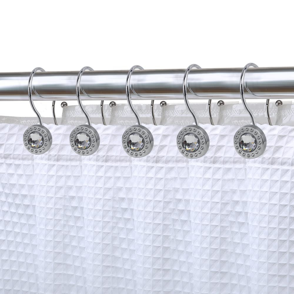 Utopia Alley Shower Rings, Double Shower Curtain Hooks for Bathroom, Rust Resistant Shower Curtain Hooks Rings, Crystal Design, Set of 12 (Chrome)
