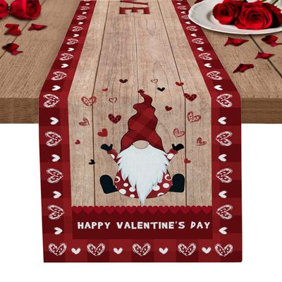 Valentines Day Burlap-Cotton Table Runner 72 Inches Long, Gnomes Love Heart Red Farmhouse Table Runners, Outdoor Dining Rustic Wood Tablerunner Holiday Spring Tablecloths Decor for Party/Wedding