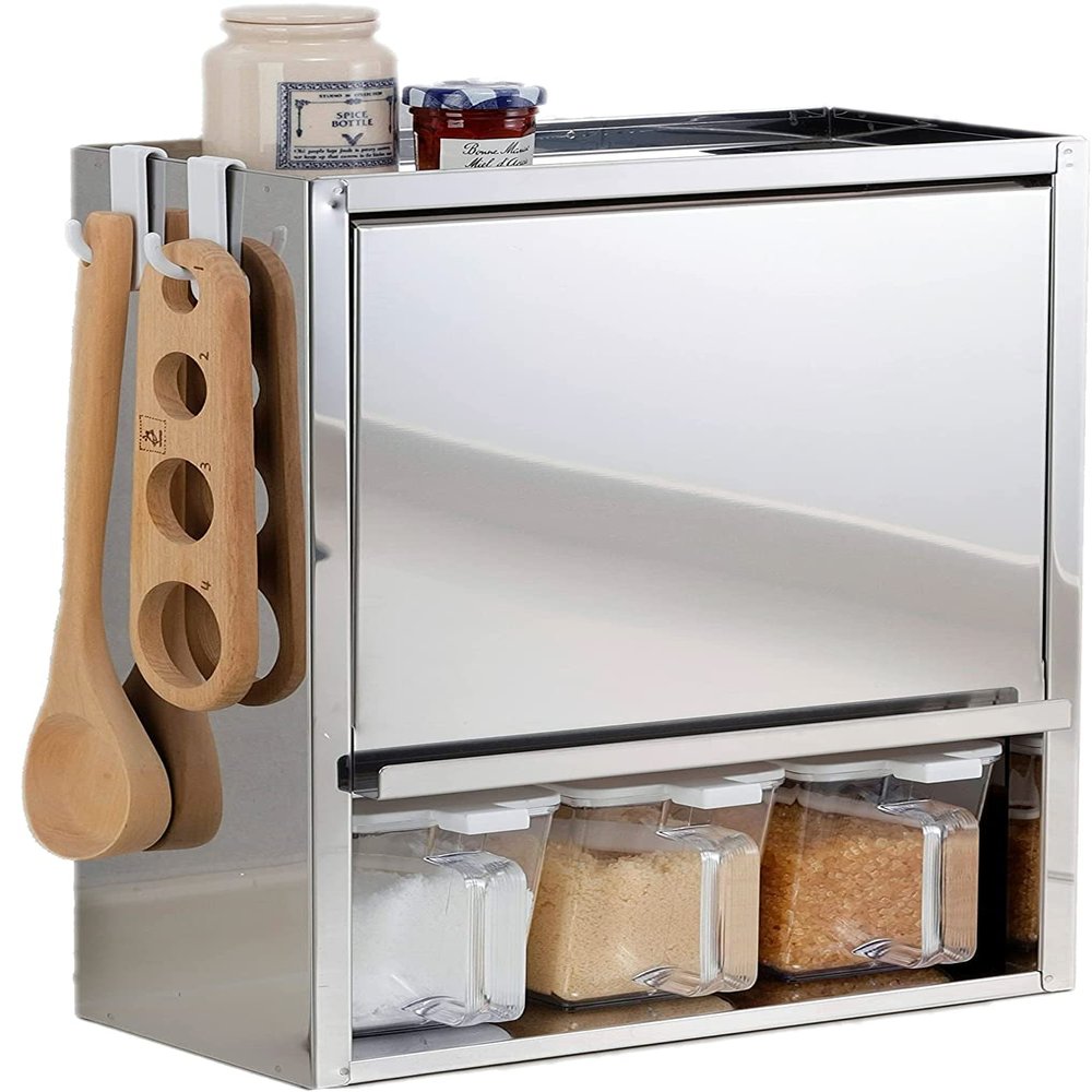 Otake Sangyo YMG-008 Spice Rack with 3 Seasoning Pots, Tsubamesanjo, Stainless Steel, Silver, 11.4 x 6.1 x 15.7 inches (29 x 15.5 x 40 cm), Magnetic, Slim Hidden Storage Case, Made in Japan