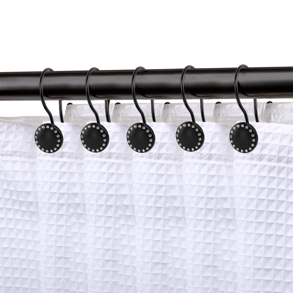 Utopia Alley Shower Hooks - Double Shower Curtain Rings for Bathroom - Rust Resistant Shower Curtain Rings with Crystal Design - Set of 12, Matte Black