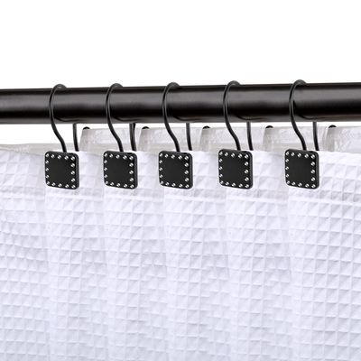 Shower Hooks - Double Shower Curtain Rings for Bathroom - Rust Resistant Shower Curtain Hooks for Shower Curtain or Liner - Shower Curtain Rings with Crystal Design - Set of 12, Matte Black