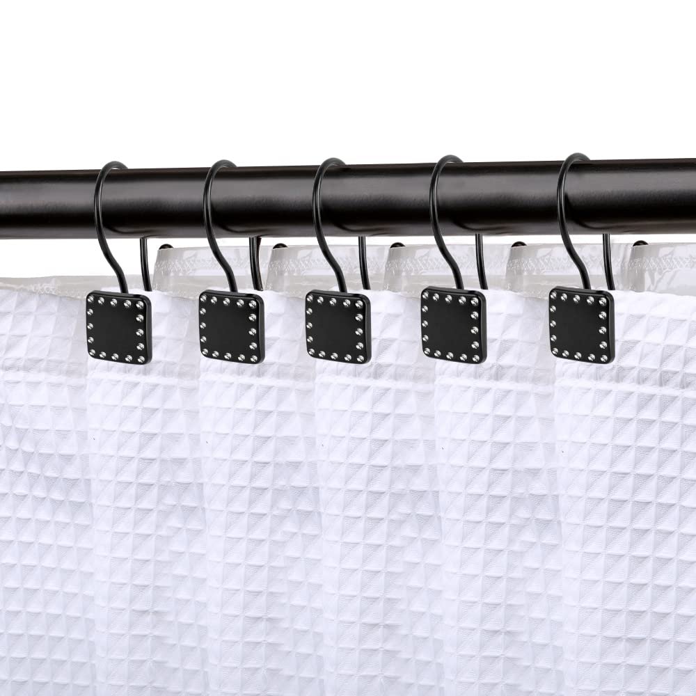Shower Hooks - Double Shower Curtain Rings for Bathroom - Rust Resistant Shower Curtain Hooks for Shower Curtain or Liner - Shower Curtain Rings with Crystal Design - Set of 12, Matte Black