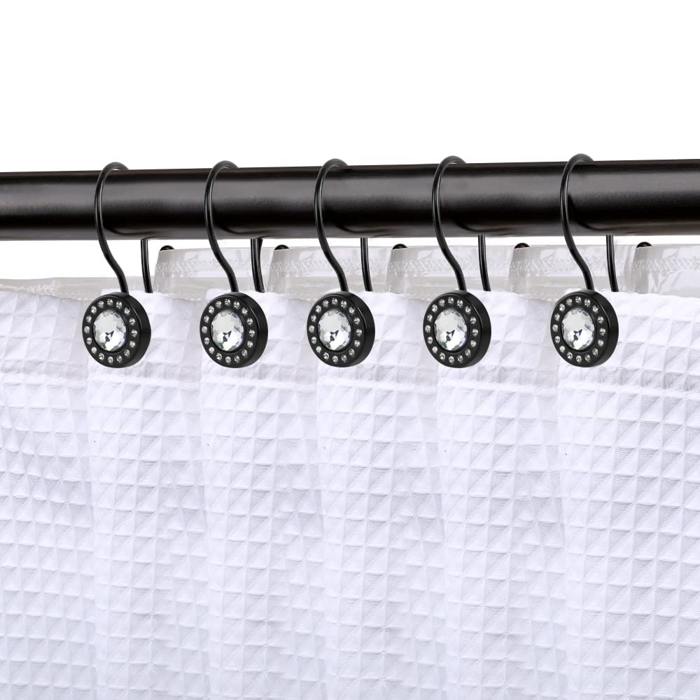 Shower Hooks - Double Shower Curtain Rings for Bathroom - Rust Resistant Shower Curtain Hooks for Shower Curtain or Liner - Shower Curtain Rings with Crystal Design - Set of 12, Matte Black