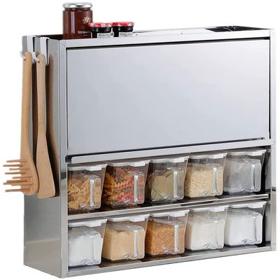 Otake Sangyo YMG-011 Spice Rack with 10 Seasoning Pots, Tsubame Sanjo Stainless Steel, Silver, 18.3 x 6.1 x 20.7 inches (46.5 x 15.5 x 52.5 cm), Magnetic, Slim Hidden Storage Case, Made in Japan