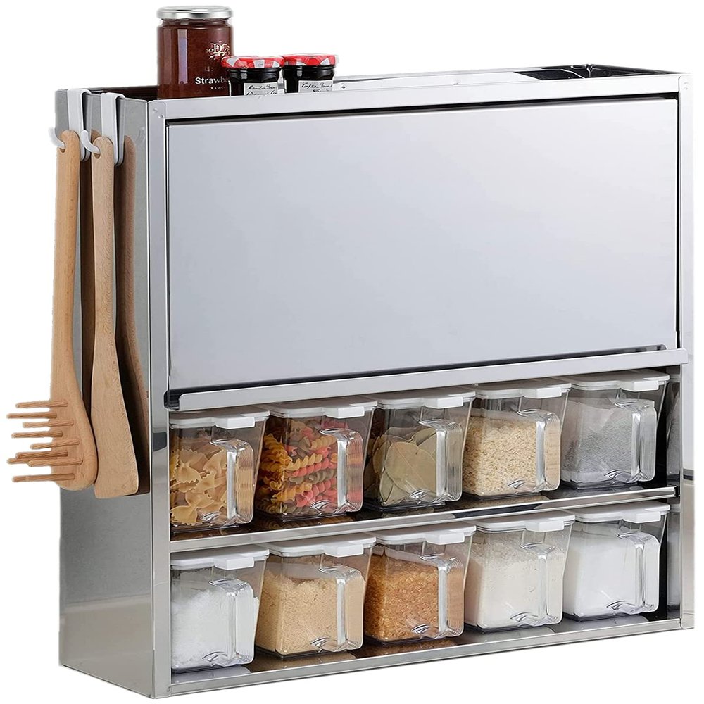 Otake Sangyo YMG-011 Spice Rack with 10 Seasoning Pots, Tsubame Sanjo Stainless Steel, Silver, 18.3 x 6.1 x 20.7 inches (46.5 x 15.5 x 52.5 cm), Magnetic, Slim Hidden Storage Case, Made in Japan
