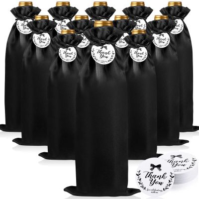 Shappy 12 Pcs Black Satin Wine Gift Bags with Drawstrings and Tags, Wine Bottle Bags Covers Reusable for Holiday Party Supplies