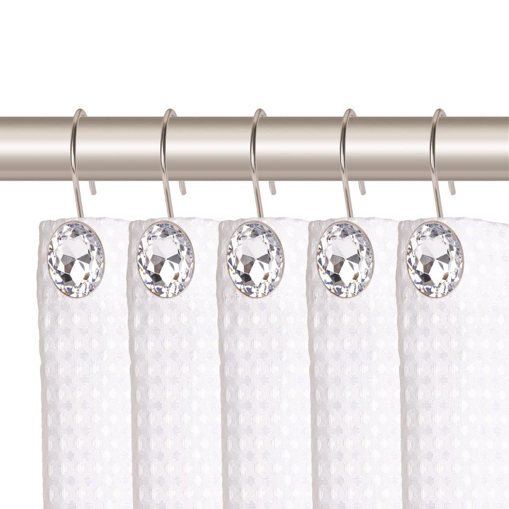 Utopia Alley Shower Hooks - Shower Curtain Rings for Bathroom - Rust Resistant Shower Curtain Hooks for Shower Curtain or Liner - Shower Curtain Rings with Crystal Design - Set of 12, Brushed Nickel