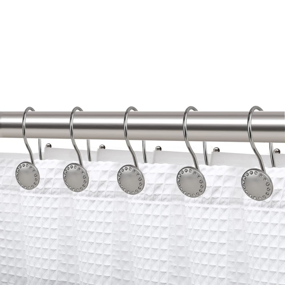 Utopia Alley Shower Hooks - Double Shower Curtain Rings for Bathroom - Rust Proof Shower Curtain Hooks for Shower Curtain, Liner - Shower Curtain Rings with Crystal Design - Set of 12, Brushed Nickel