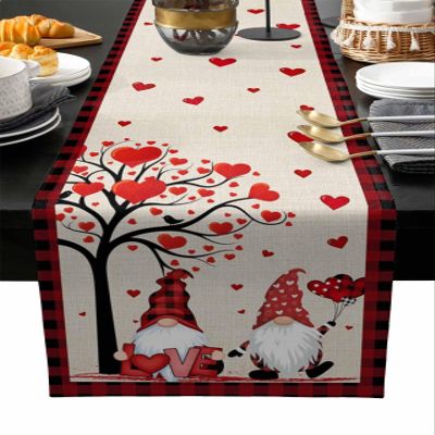 Valentines Day Burlap-Cotton Table Runner 120 Inches Long, Gnomes Love Tree Rustic Red Plaid Farmhouse Table Runners, Outdoor Dining Spring Holiday Tablerunner Tablecloths Decor for Party/Wedding