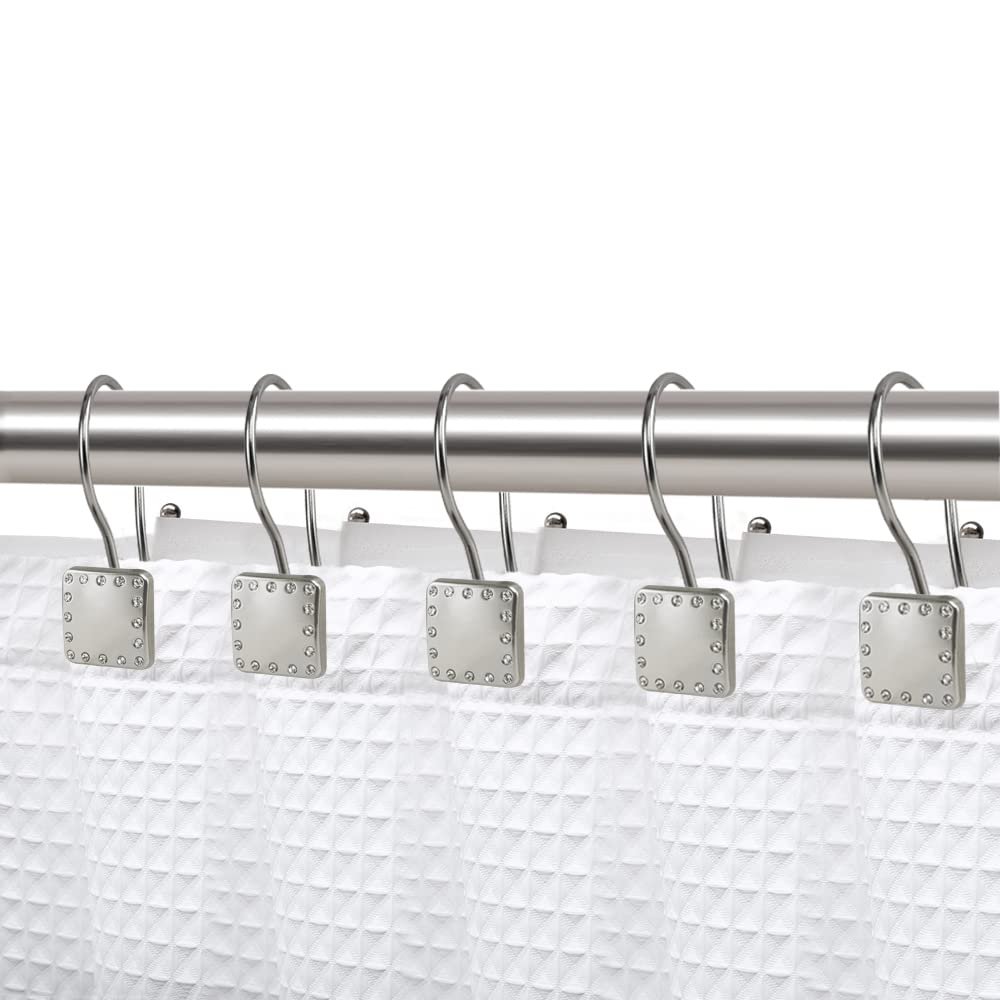 Shower Hooks - Double Shower Curtain Rings for Bathroom - Rust Resistant Shower Curtain Hooks for Shower Curtain or Liner - Shower Curtain Rings with Crystal Design - Set of 12, Brushed Nickel