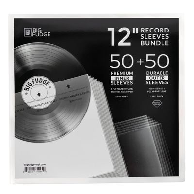 BIG FUDGE Inner & Outer Vinyl Record Sleeves 100pc Kit - 12 inch x 50pcs Anti Static & Acid Free Rice Paper Inner Sleeves and 12" x50pcs High-Density Polypropylene Album Covers