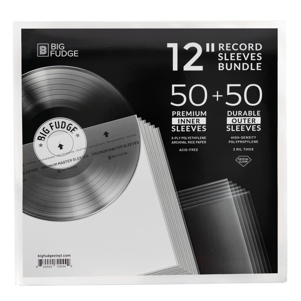BIG FUDGE Inner & Outer Vinyl Record Sleeves 100pc Kit - 12 inch x 50pcs Anti Static & Acid Free Rice Paper Inner Sleeves and 12" x50pcs High-Density Polypropylene Album Covers