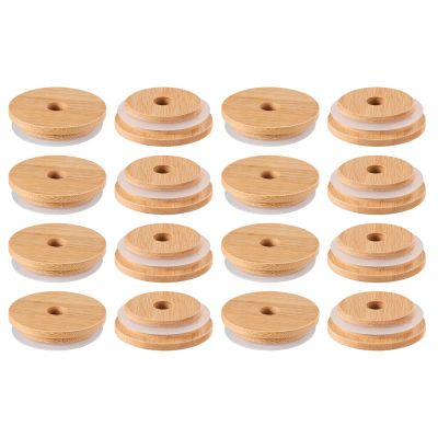 16PCS Bamboo Jar Lids with Straw Hole Reusable Bamboo Canning Jar Lids for Regular Mouth Mason 70MM