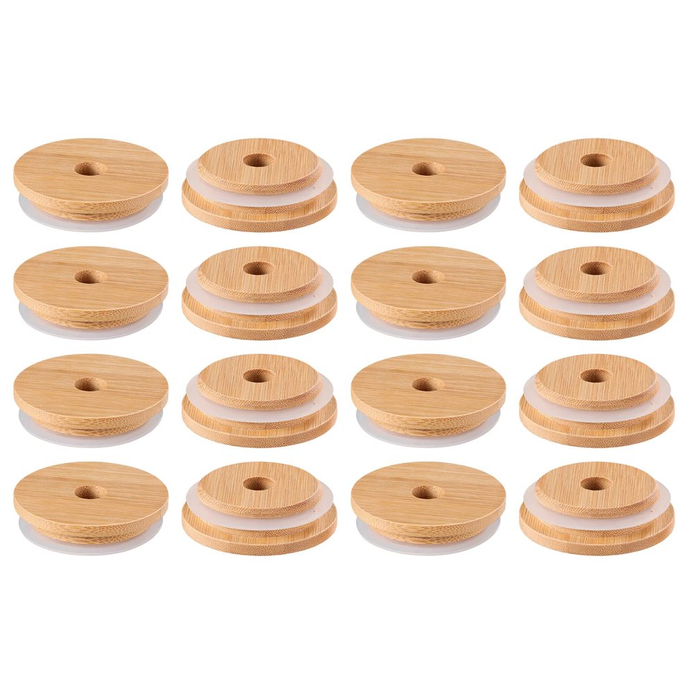 16PCS Bamboo Jar Lids with Straw Hole Reusable Bamboo Canning Jar Lids for Regular Mouth Mason 70MM