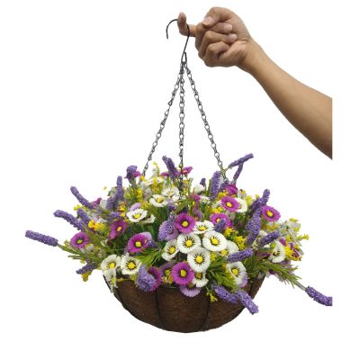 Bo Lala Home Decoration Hanging Basket Flowerpot Fake Lavender Artificial Daisy Purple and White Silk Flowers (Small Basket)