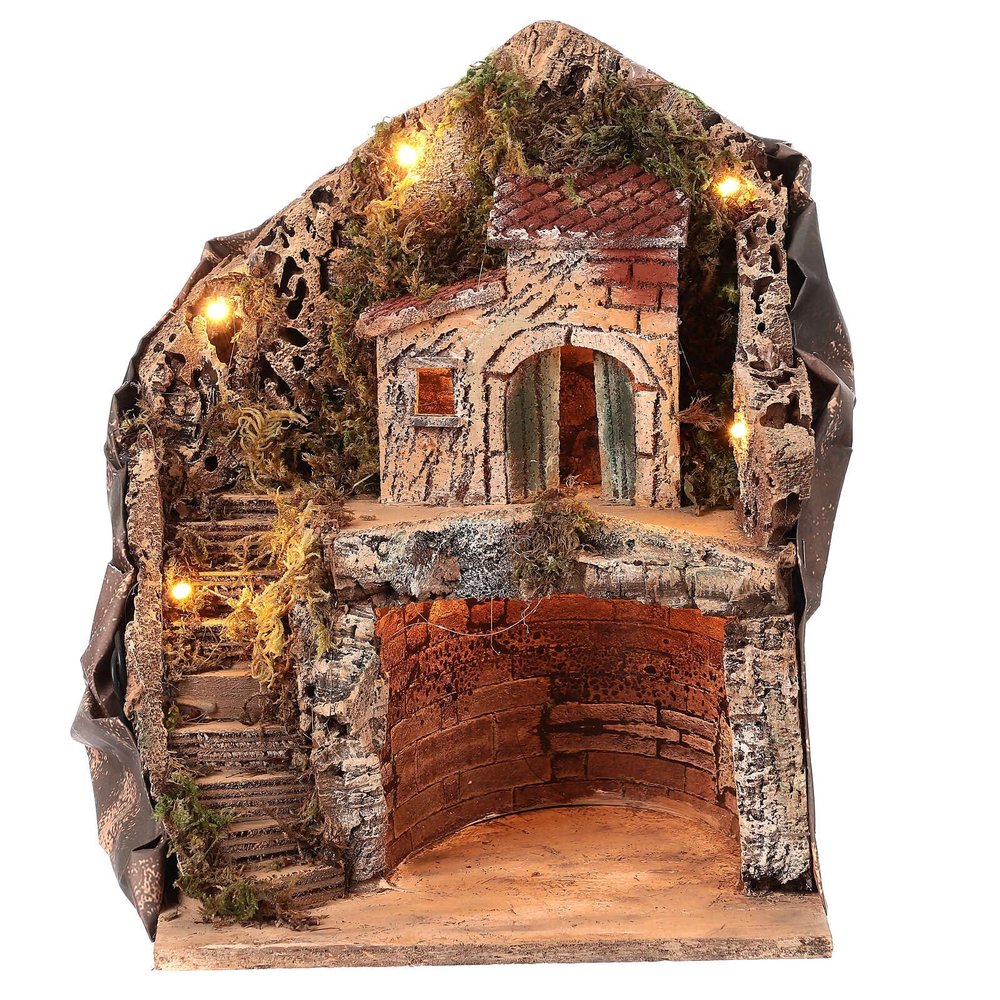 Holyart Stable with Village for Neapolitan Nativity Scene with 6 cm Figurines 35x25x20 cm