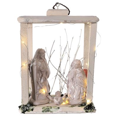Holyart Nativity Lantern Wood 20 cm White Deruta Terracotta 20 LEDs 35x26x20 cm